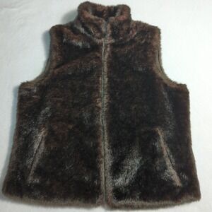 Incognita Women Small Brown Faux Fur Full Zip Reversible Vest With Pockets 359